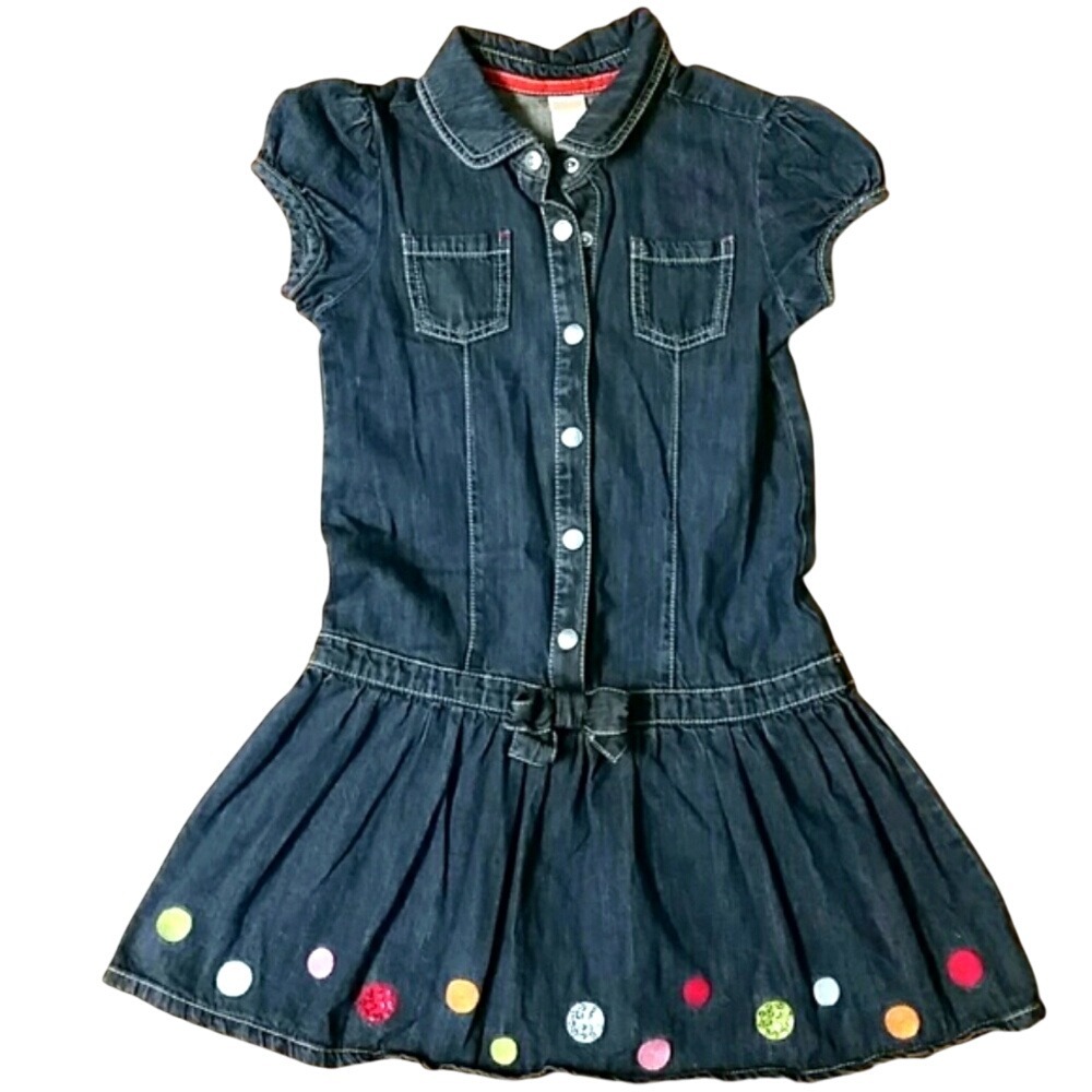 Gymboree Girls Denim Short Sleeve Embroidered Polka Dot‎ Snap Dress Size 9